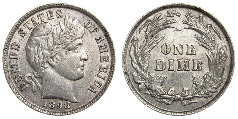 1898 Barber dime obverse and reverse showing Liberty head design and wreath