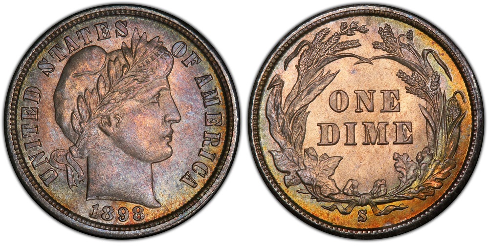 Comparison of 1898 Philadelphia dime (no mint mark) and 1898-S dime reverse, showing S mint mark location below wreath