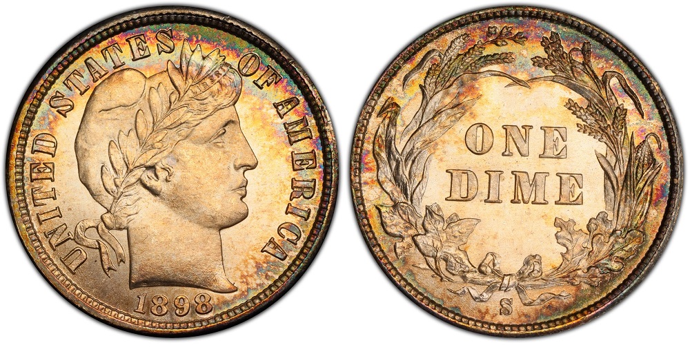 1898-S Barber dime reverse showing S mint mark below the wreath at San Francisco Mint