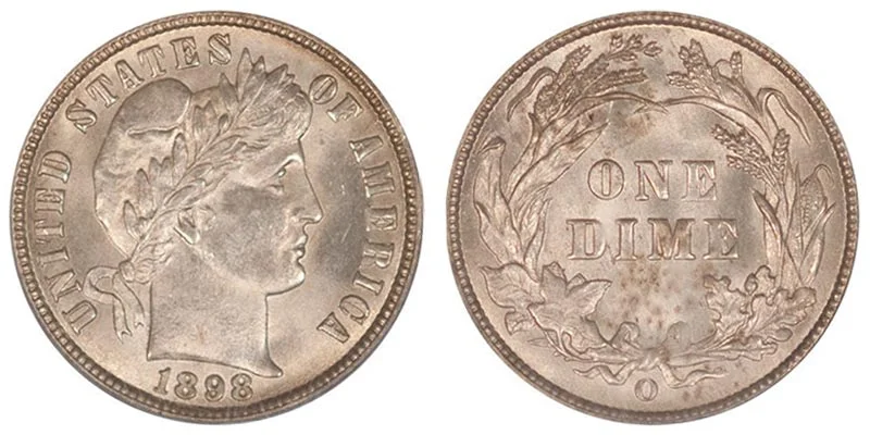 Close-up of repunched O mint mark on 1898-O Barber dime showing doubling of the mint mark punch