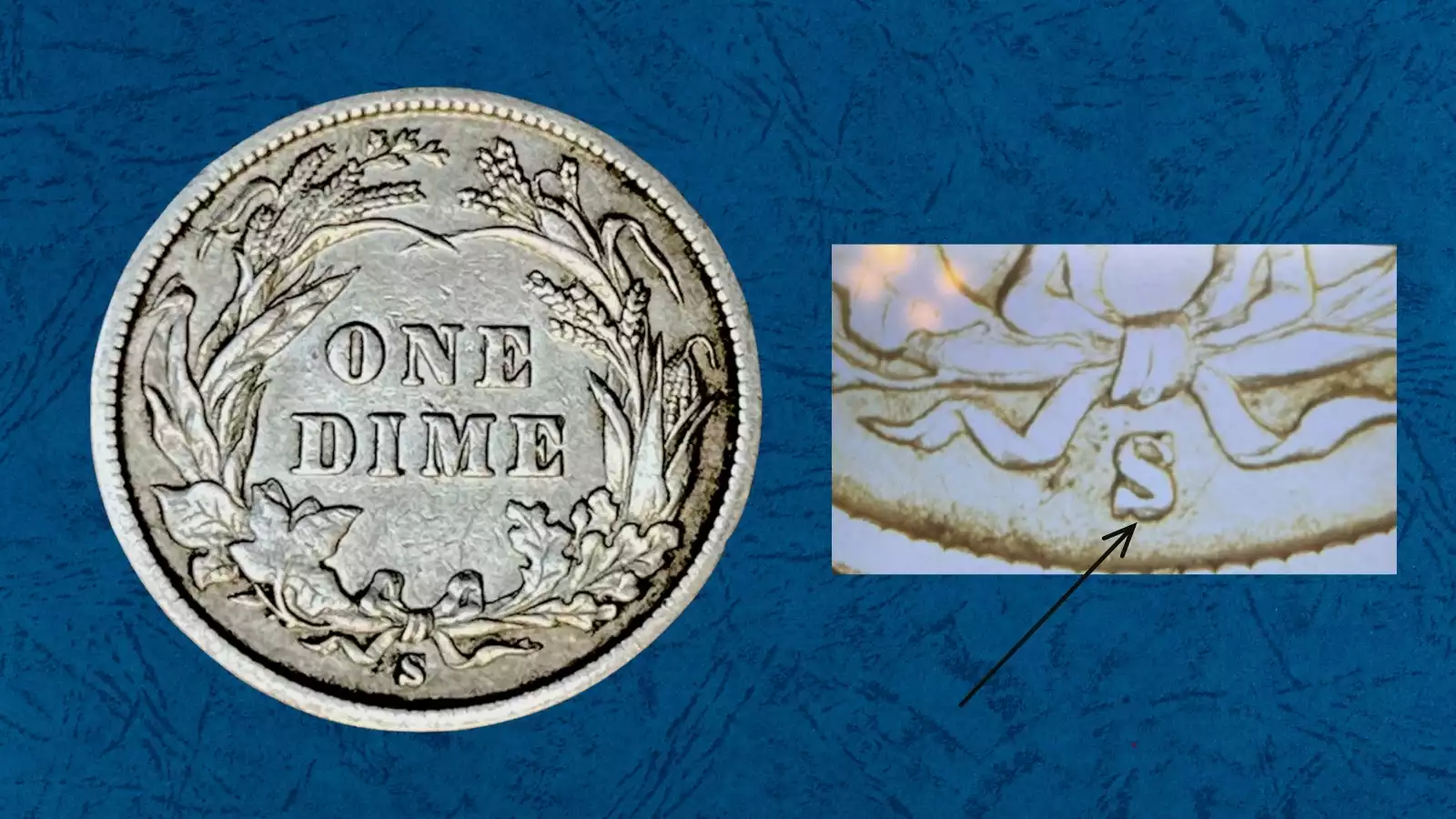 Repunched S mint mark on 1898-S Barber dime showing secondary S impression offset from the primary mark