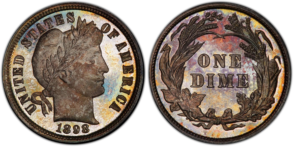 1898 Barber dime grading strip showing four condition grades from Good through Uncirculated